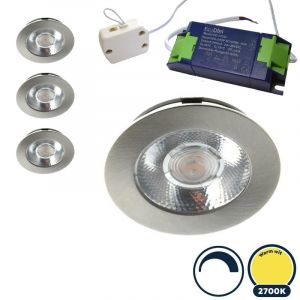 4x Led meubelspot dimbaar, ondiepe inbouw, IP54, warm wit, RVS/nikkel, incl. trafo