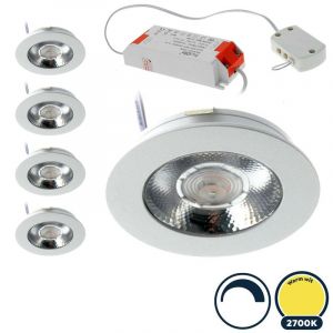 5x Led meubelspot dimbaar, ondiepe inbouw, IP54, warm wit, wit, incl. trafo