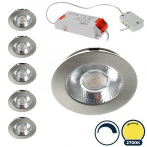 6x Led meubelspot dimbaar, ondiepe inbouw, IP54, warm wit, RVS/nikkel, incl. trafo