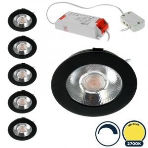 6x Led meubelspot dimbaar, ondiepe inbouw, IP54, warm wit, zwart, incl. trafo